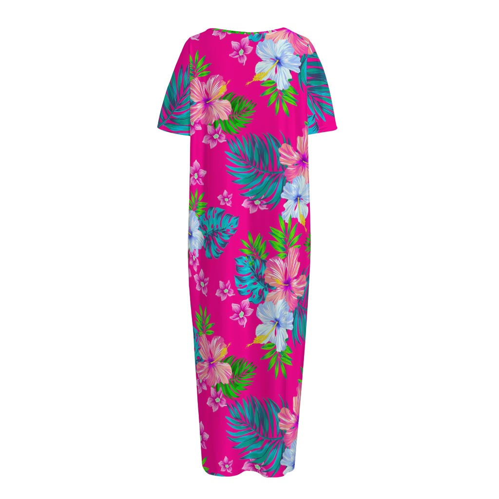 Hot Pink Aloha Hibiscus Pattern Print Short Sleeve Long Nightdress