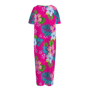 Hot Pink Aloha Hibiscus Pattern Print Short Sleeve Long Nightdress