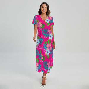 Hot Pink Aloha Hibiscus Pattern Print Short Sleeve Maxi Dress