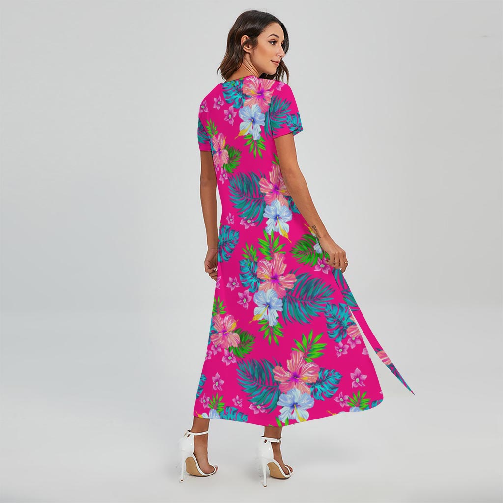 Hot Pink Aloha Hibiscus Pattern Print Short Sleeve Maxi Dress