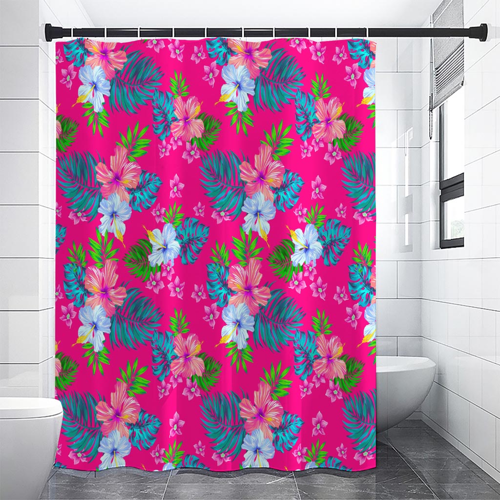 Hot Pink Aloha Hibiscus Pattern Print Shower Curtain