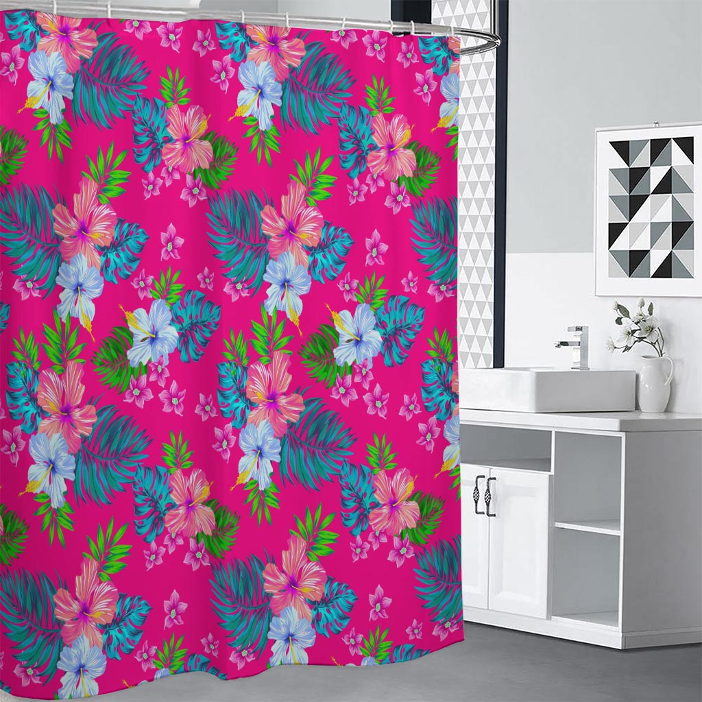 Hot Pink Aloha Hibiscus Pattern Print Shower Curtain