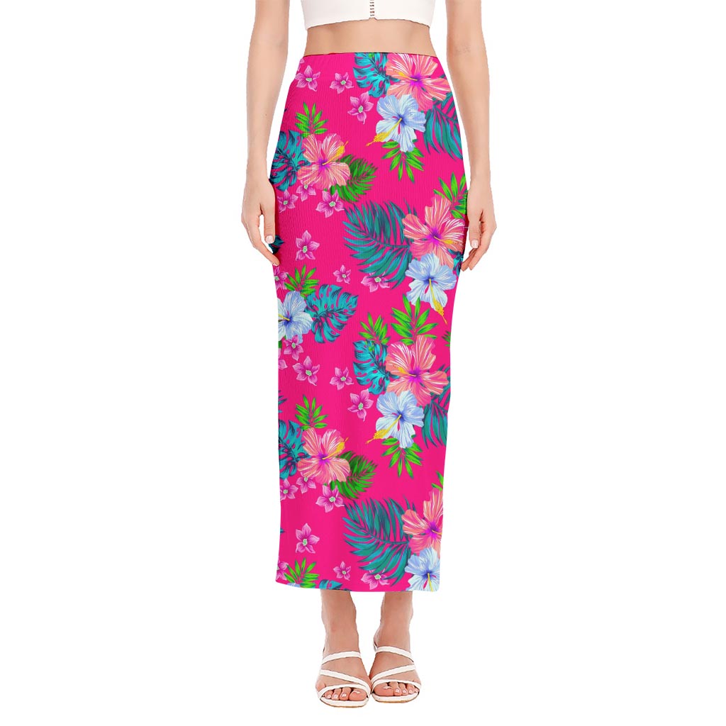 Hot Pink Aloha Hibiscus Pattern Print Side Slit Maxi Skirt