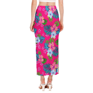 Hot Pink Aloha Hibiscus Pattern Print Side Slit Maxi Skirt