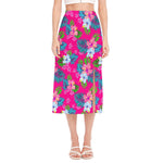 Hot Pink Aloha Hibiscus Pattern Print Side Slit Midi Skirt