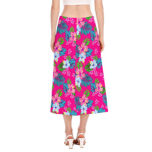 Hot Pink Aloha Hibiscus Pattern Print Side Slit Midi Skirt