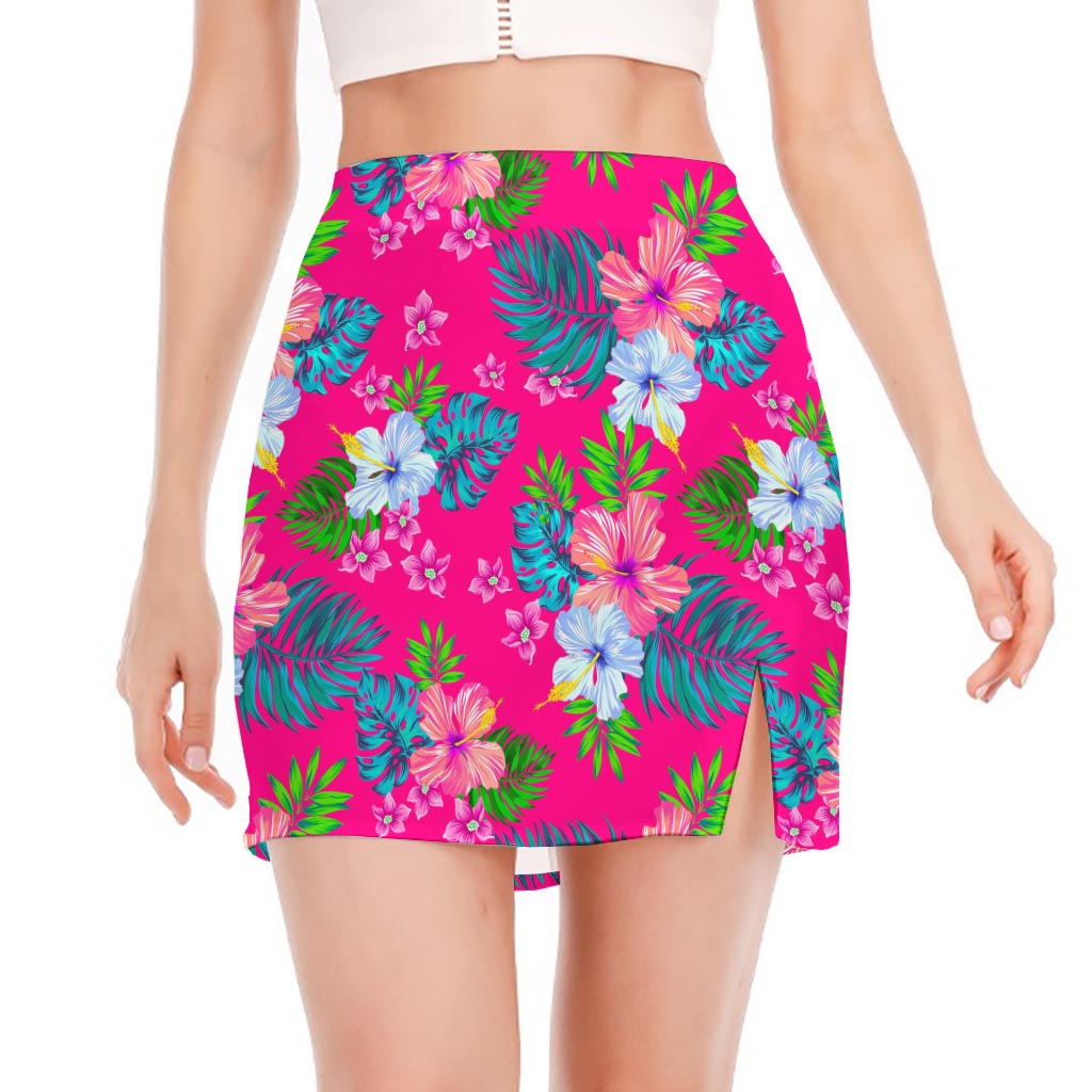 Hot Pink Aloha Hibiscus Pattern Print Side Slit Mini Skirt