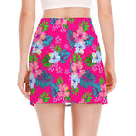 Hot Pink Aloha Hibiscus Pattern Print Side Slit Mini Skirt