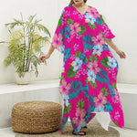 Hot Pink Aloha Hibiscus Pattern Print Silk V-Neck Kaftan Dress