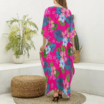 Hot Pink Aloha Hibiscus Pattern Print Silk V-Neck Kaftan Dress