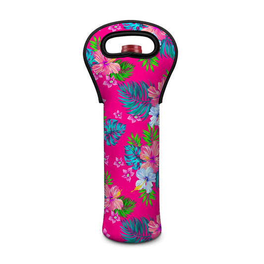 Hot Pink Aloha Hibiscus Pattern Print Single Neoprene Wine Tote