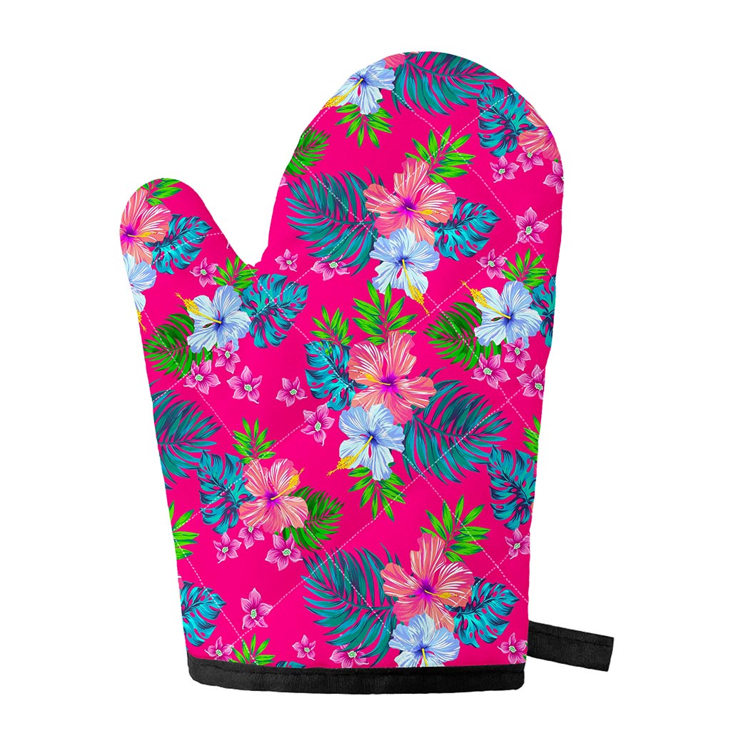 Hot Pink Aloha Hibiscus Pattern Print Single Oven Mitt