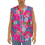 Hot Pink Aloha Hibiscus Pattern Print Sleeveless Baseball Jersey