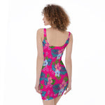 Hot Pink Aloha Hibiscus Pattern Print Sleeveless Bodycon Dress