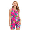 Hot Pink Aloha Hibiscus Pattern Print Sleeveless One Piece Swimsuit