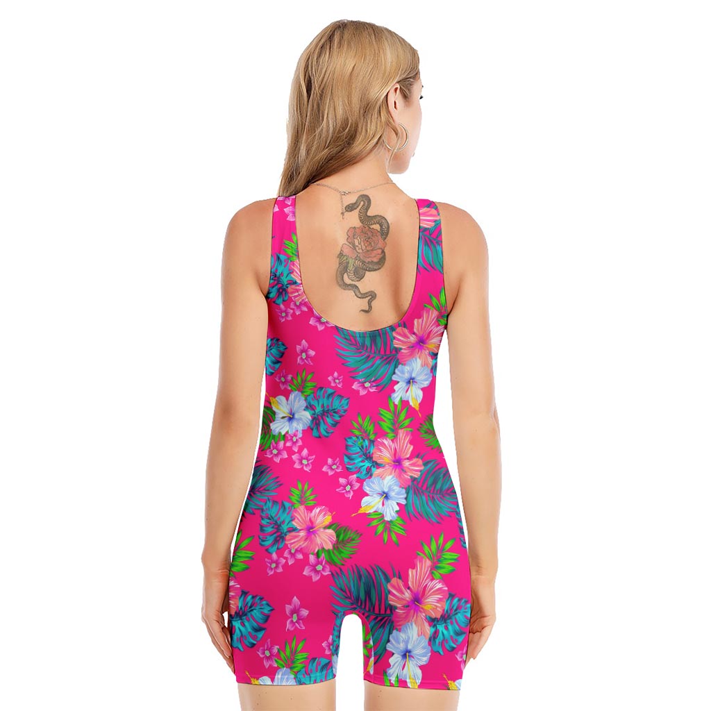 Hot Pink Aloha Hibiscus Pattern Print Sleeveless One Piece Swimsuit