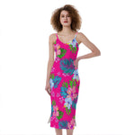 Hot Pink Aloha Hibiscus Pattern Print Slim Fit Midi Cami Dress