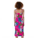 Hot Pink Aloha Hibiscus Pattern Print Slim Fit Midi Cami Dress