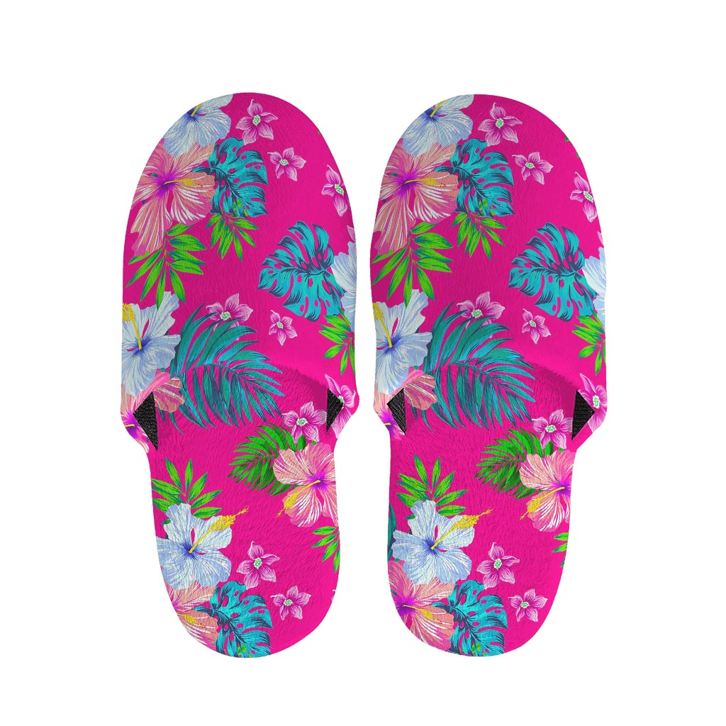 Hot Pink Aloha Hibiscus Pattern Print Slippers