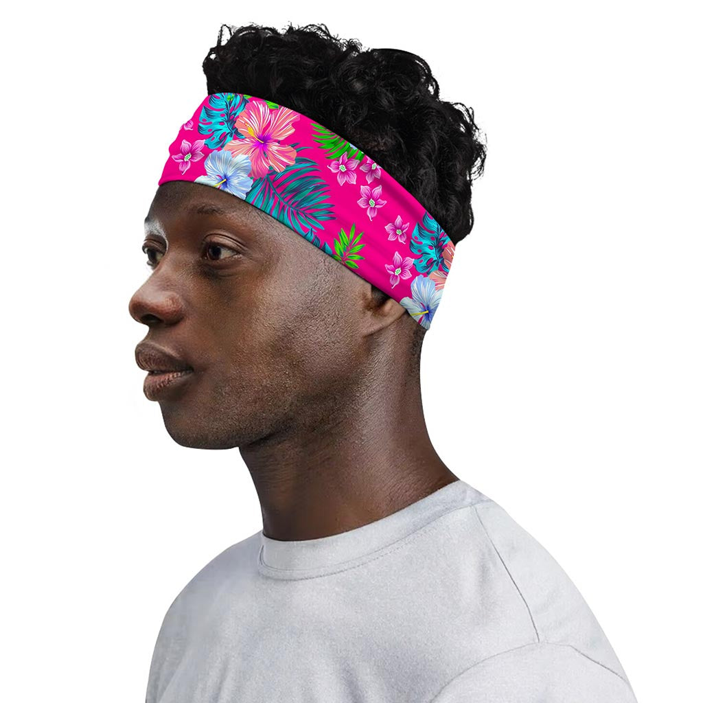 Hot Pink Aloha Hibiscus Pattern Print Sports Headband