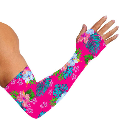 Hot Pink Aloha Hibiscus Pattern Print Sun Protection Arm Sleeves