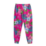 Hot Pink Aloha Hibiscus Pattern Print Sweatpants