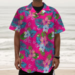 Hot Pink Aloha Hibiscus Pattern Print Textured Short Sleeve Shirt