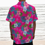 Hot Pink Aloha Hibiscus Pattern Print Textured Short Sleeve Shirt