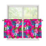 Hot Pink Aloha Hibiscus Pattern Print Tier Curtains