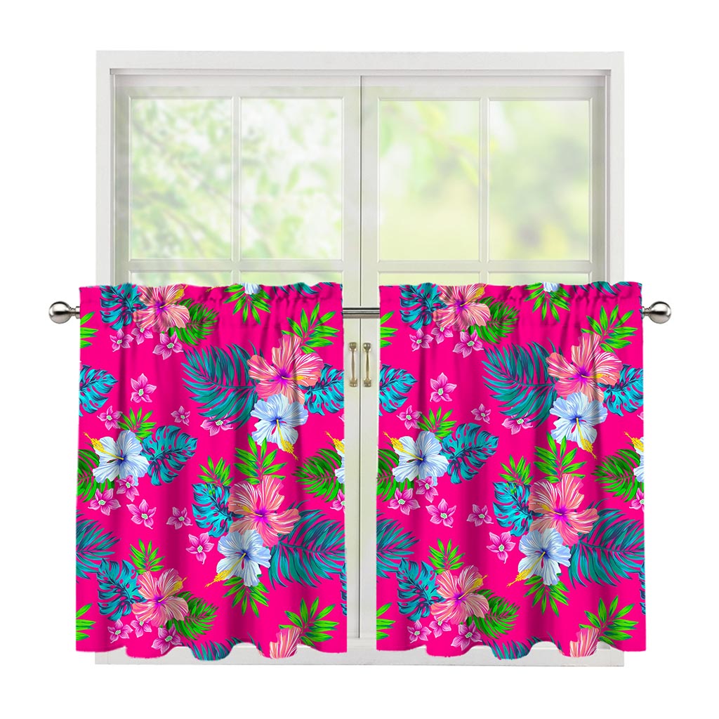 Hot Pink Aloha Hibiscus Pattern Print Tier Curtains