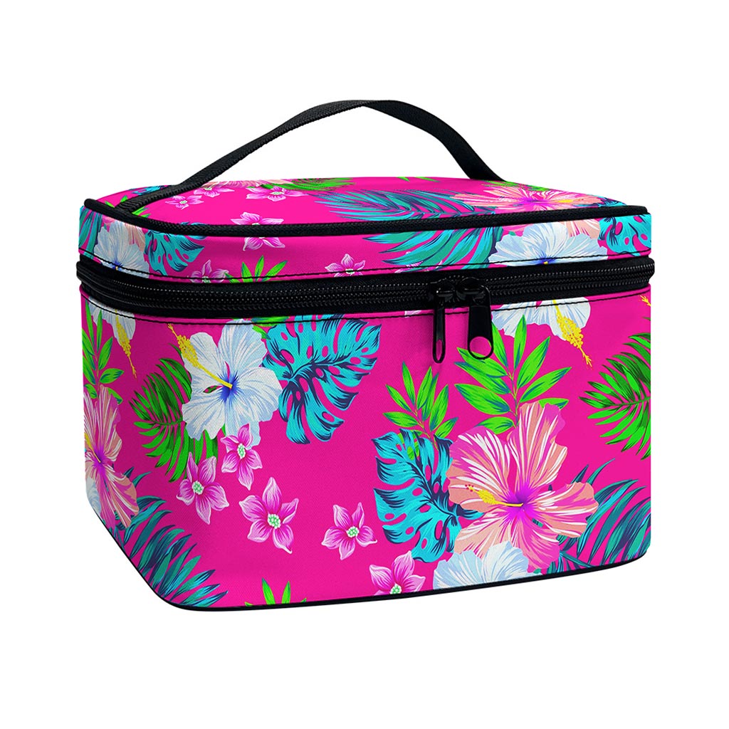 Hot Pink Aloha Hibiscus Pattern Print Travel Makeup Bag