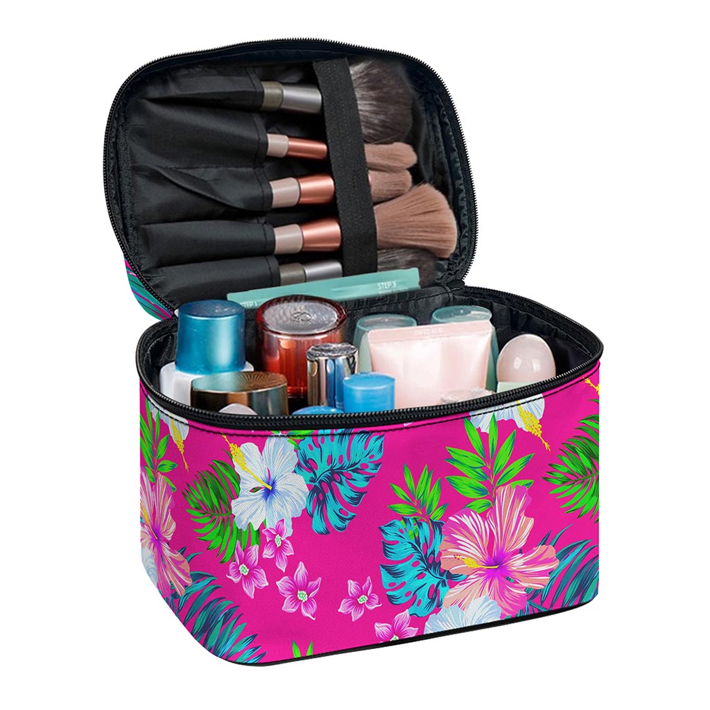 Hot Pink Aloha Hibiscus Pattern Print Travel Makeup Bag