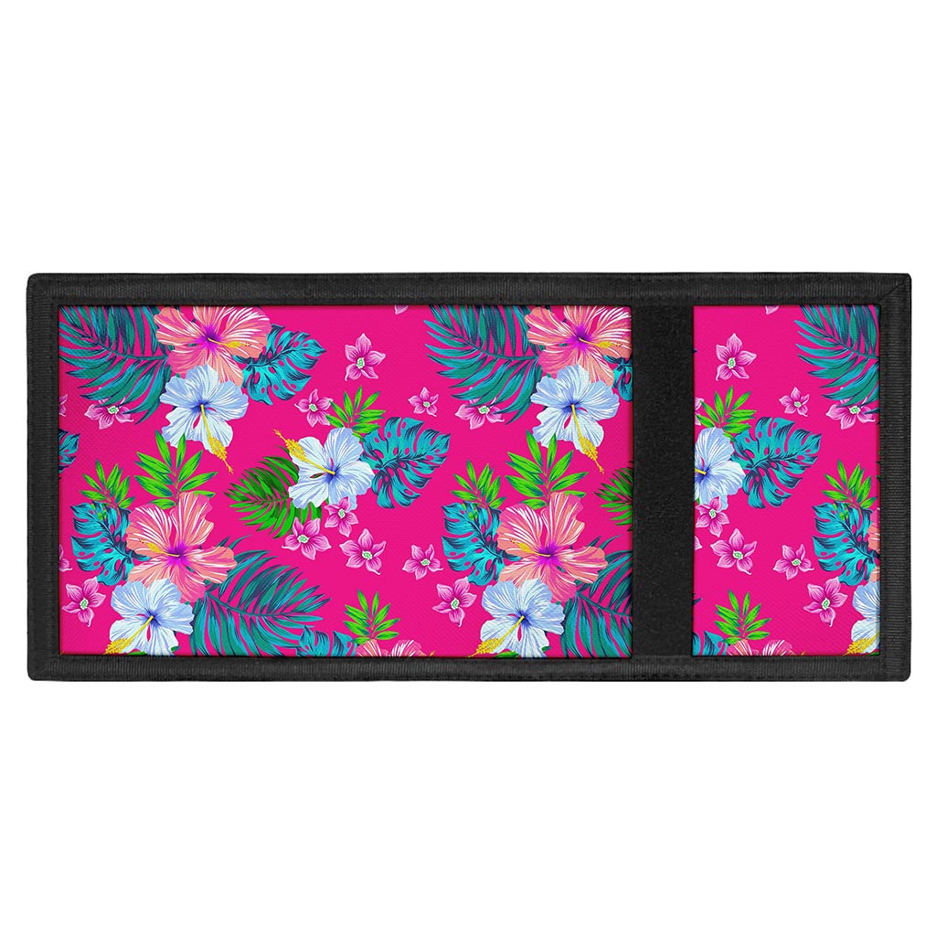 Hot Pink Aloha Hibiscus Pattern Print Trifold Wallet