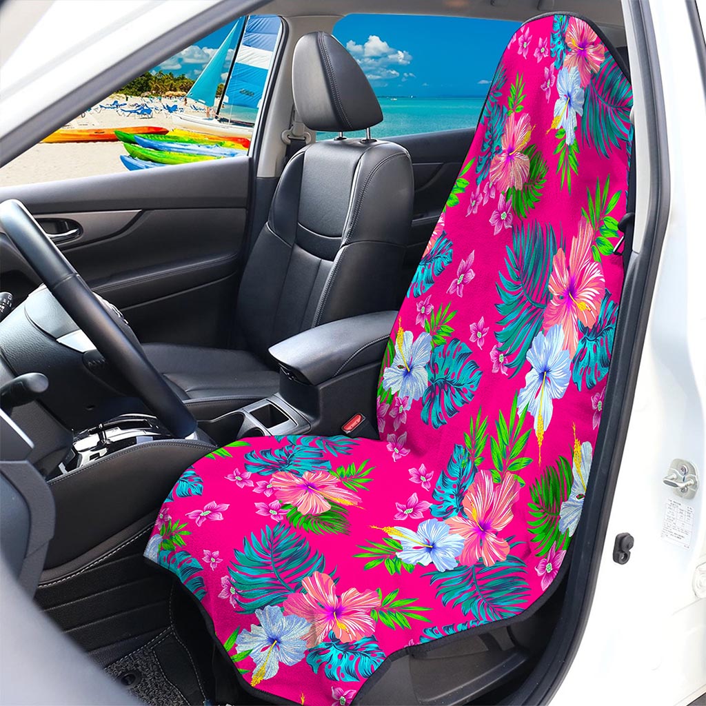 Hot Pink Aloha Hibiscus Pattern Print Waterproof Car Seat Cover