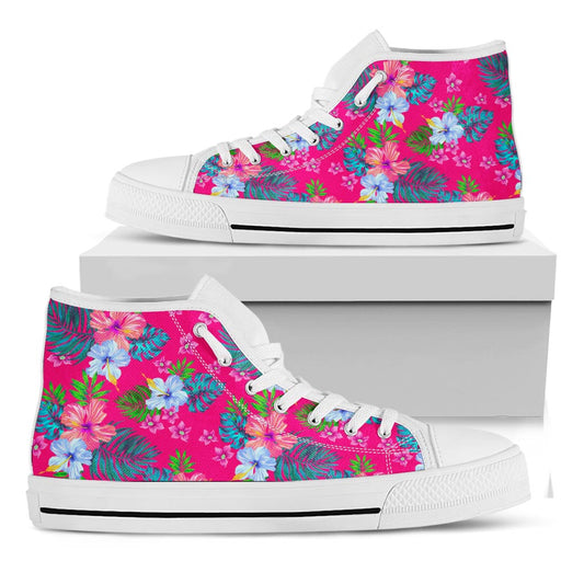 Hot Pink Aloha Hibiscus Pattern Print White High Top Sneakers