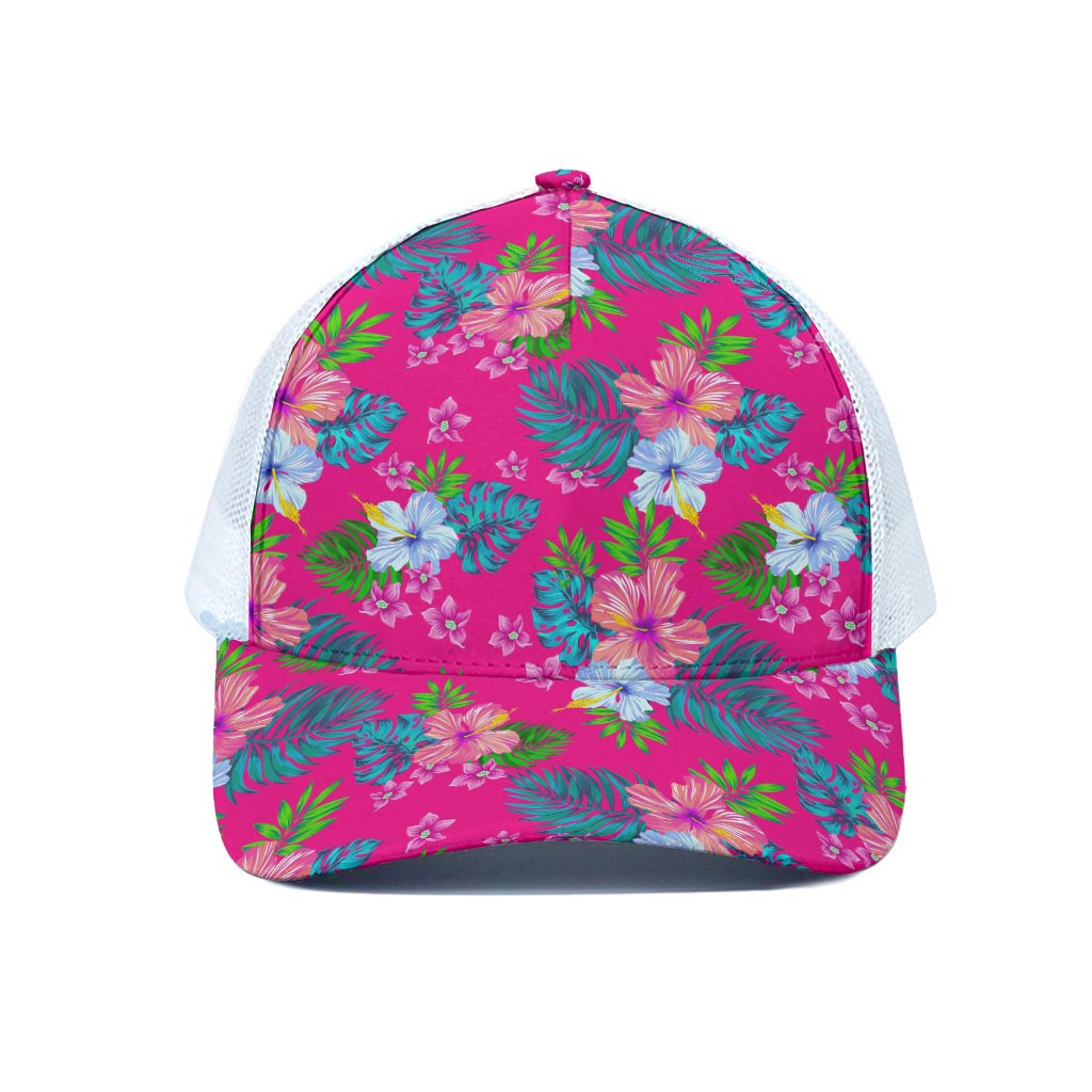 Hot Pink Aloha Hibiscus Pattern Print White Mesh Trucker Cap