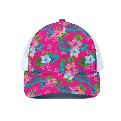 Hot Pink Aloha Hibiscus Pattern Print White Mesh Trucker Cap