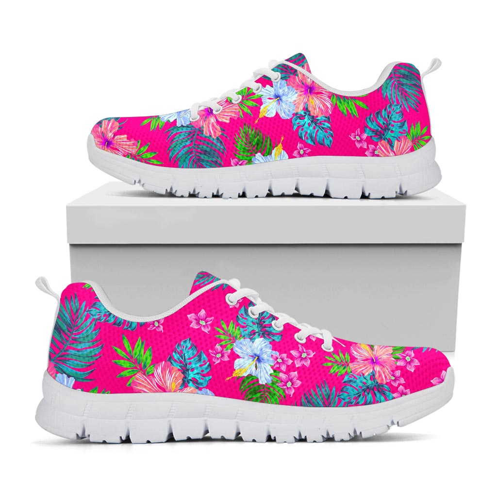 Hot Pink Aloha Hibiscus Pattern Print White Running Shoes