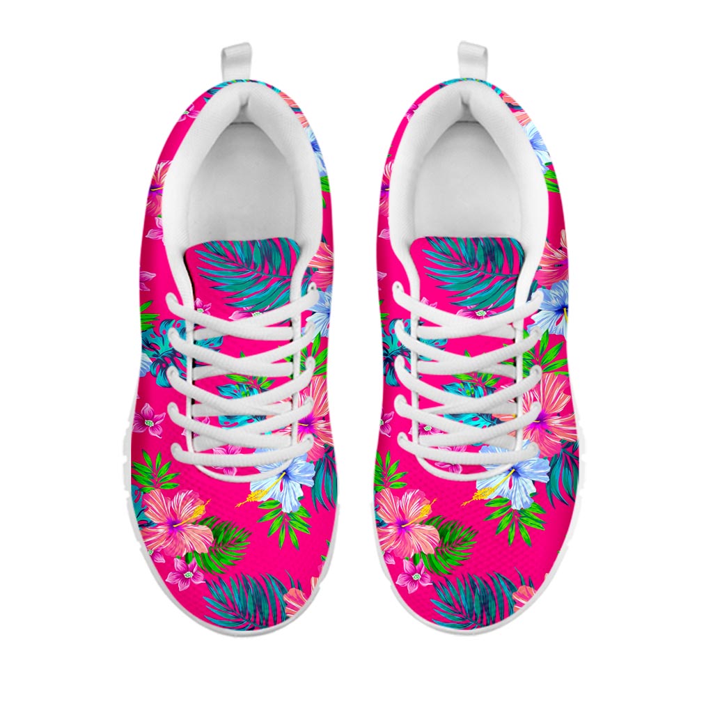 Hot Pink Aloha Hibiscus Pattern Print White Running Shoes