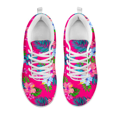 Hot Pink Aloha Hibiscus Pattern Print White Running Shoes