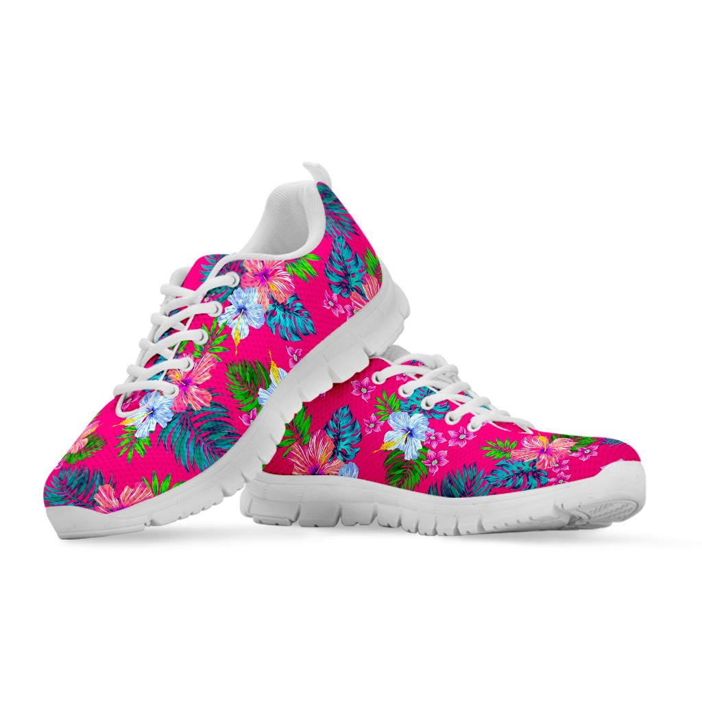 Hot Pink Aloha Hibiscus Pattern Print White Running Shoes