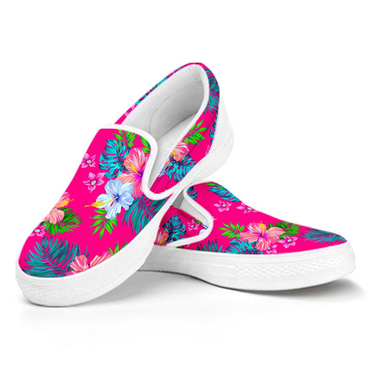 Hot Pink Aloha Hibiscus Pattern Print White Slip On Sneakers