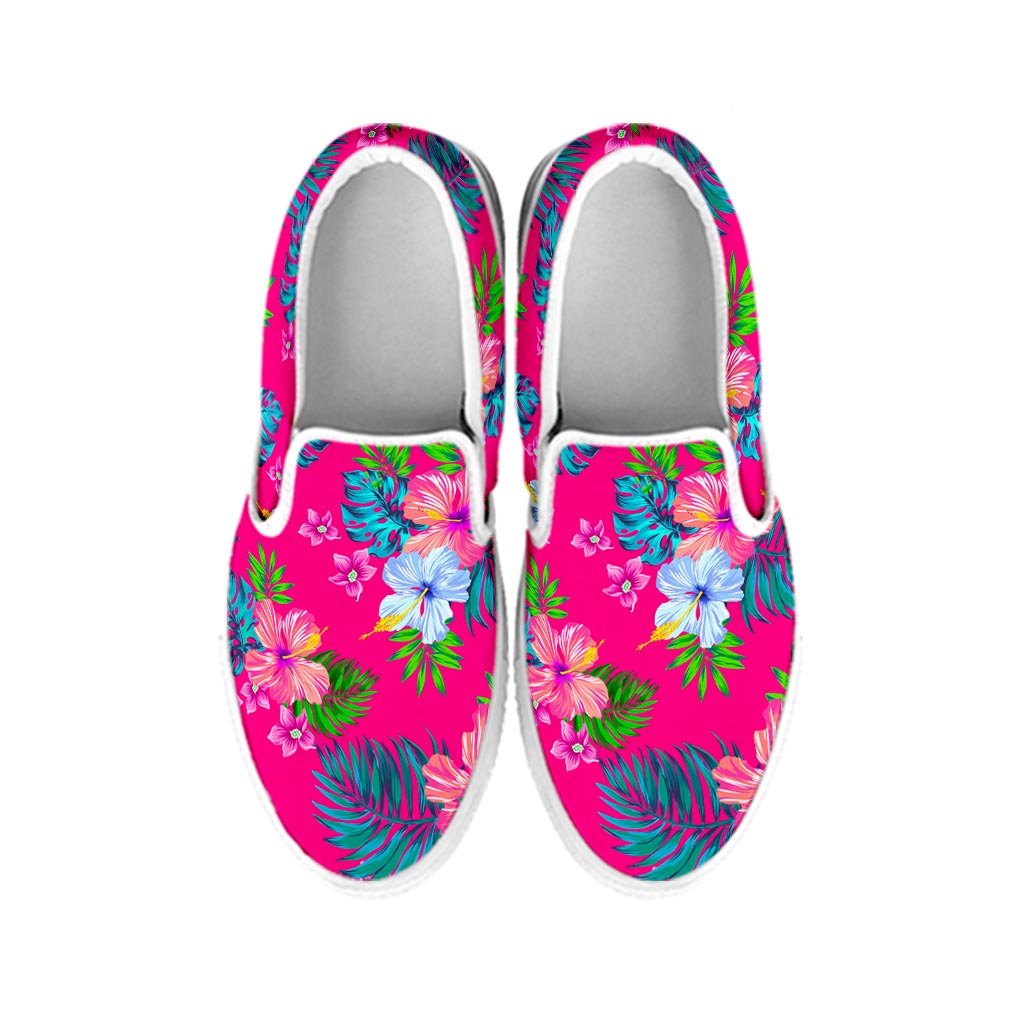 Hot Pink Aloha Hibiscus Pattern Print White Slip On Sneakers