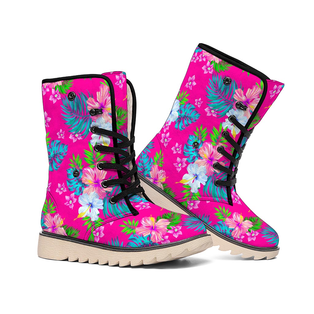 Hot Pink Aloha Hibiscus Pattern Print Winter Boots