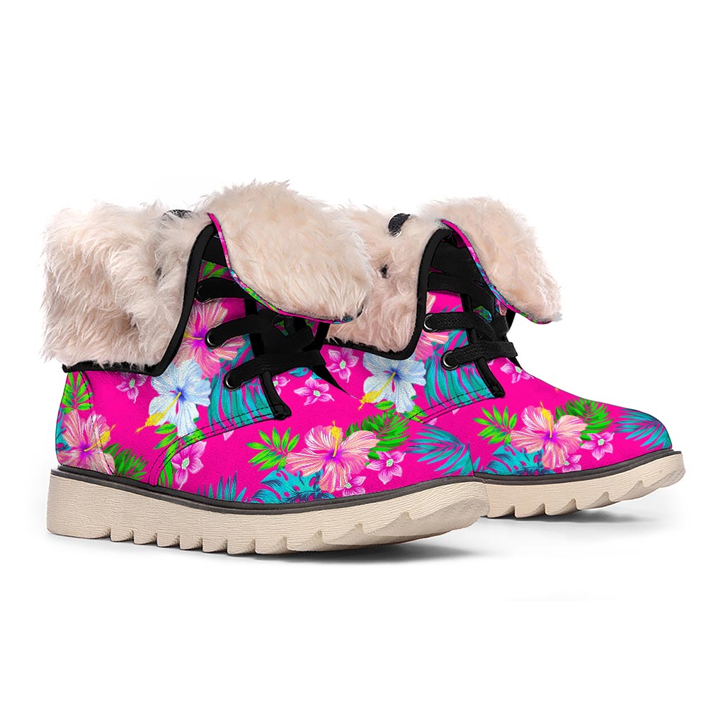 Hot Pink Aloha Hibiscus Pattern Print Winter Boots