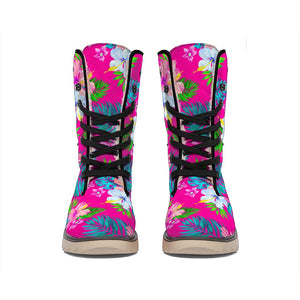 Hot Pink Aloha Hibiscus Pattern Print Winter Boots