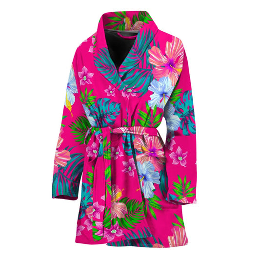 Hot Pink Aloha Hibiscus Pattern Print Women's Bathrobe