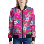 Hot Pink Aloha Hibiscus Pattern Print Women's Bomber Jacket