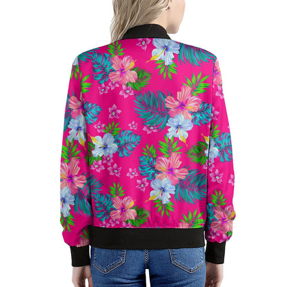 Hot Pink Aloha Hibiscus Pattern Print Women's Bomber Jacket