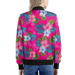 Hot Pink Aloha Hibiscus Pattern Print Women's Bomber Jacket